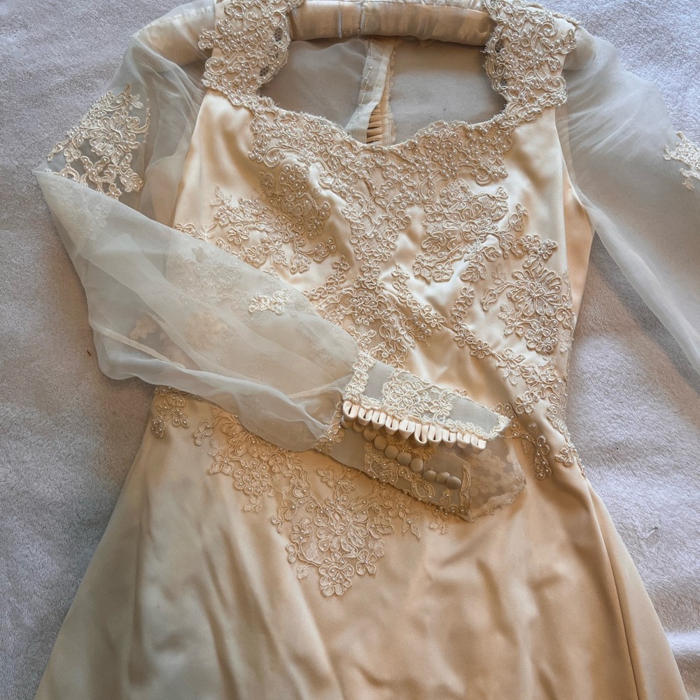 Ivory Beaded Appliqué Satin Gown with Sheer Sleeves